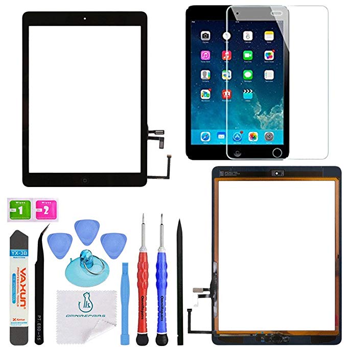 OmniRepairs For iPad Air (1st Generation) Glass Touch Screen Digitizer Retina Display OEM Assembly Replacement with Home Button Flex Cable, Adhesive Tape, Screen Protector and Repair Toolkit (Black)